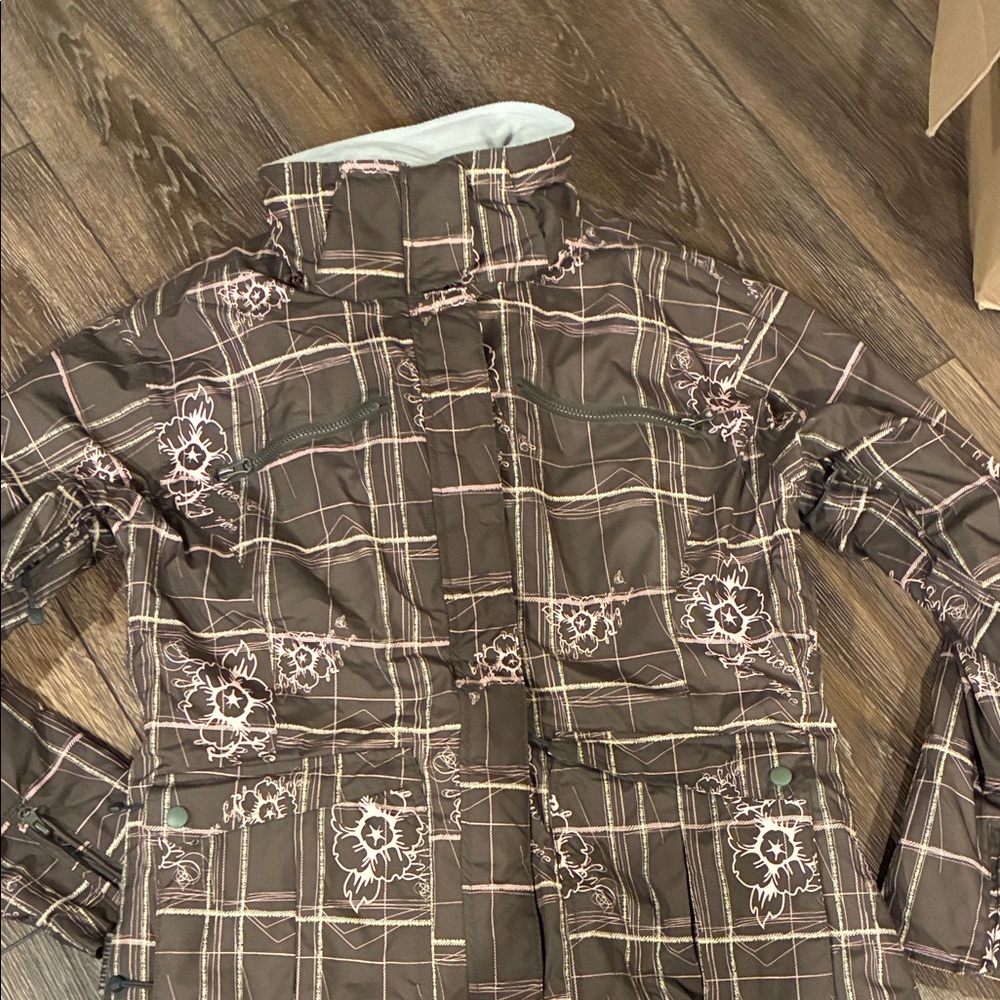 Turbine Olive-Brown and Pink Plaid Winter Ski Jacket Size-Juniors XL